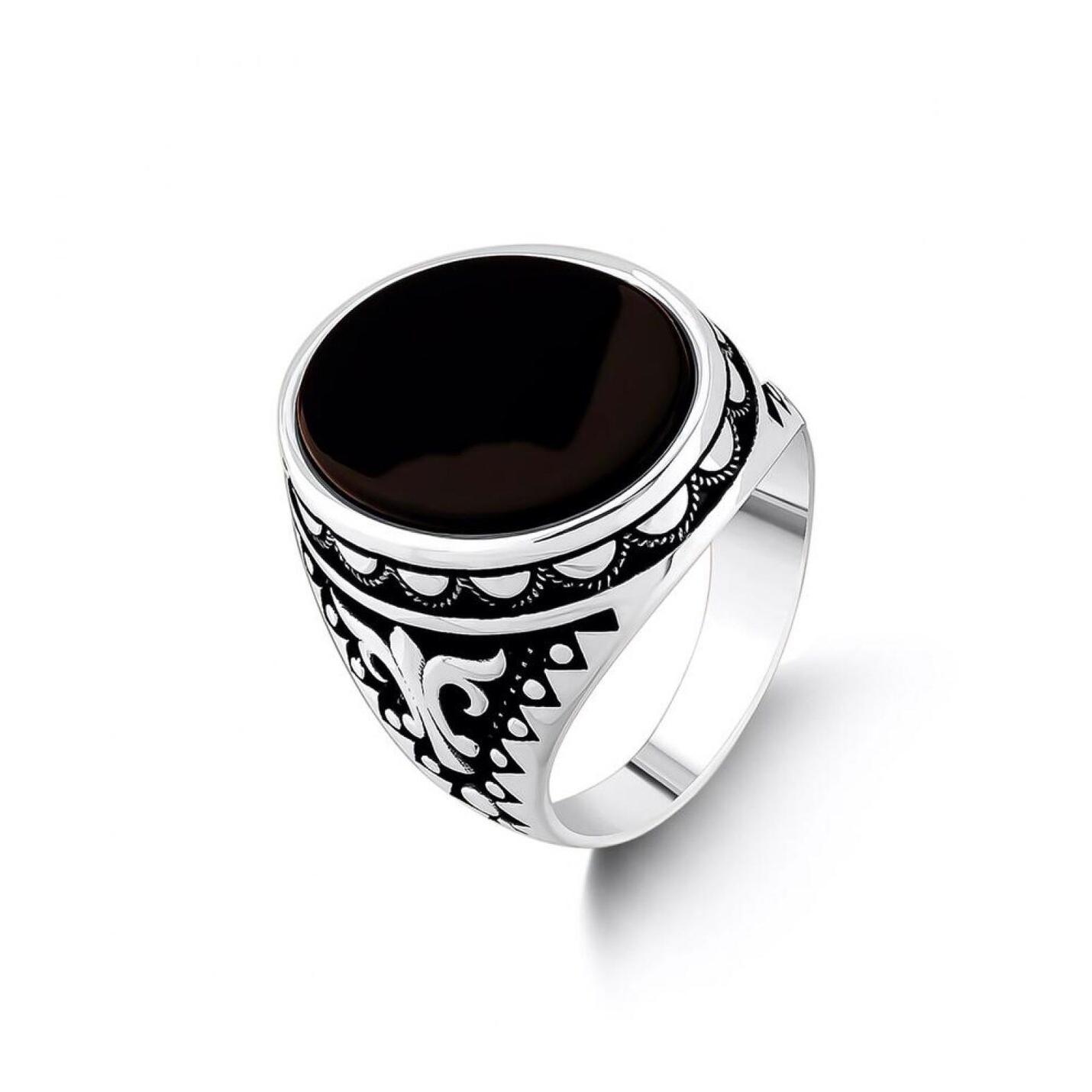 

Black Onyx Side Pattern Men s Sterling Silver Ring
