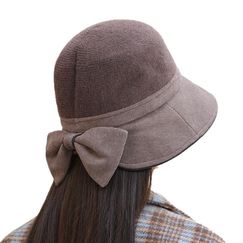 Autumn and winter hat women's big brim showing face small bucket hat retro versatile basin hat bow bucket hat