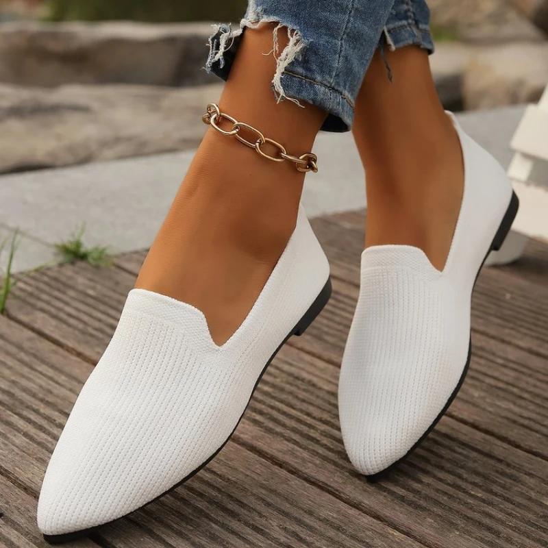 Women Solid Color Pointed Head Mesh Loafers Shallow Woman Flats Soft Bottom Knit Ballet Flats Shoes Casual Slip On Boat Shoes