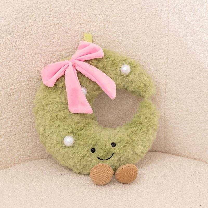 Sweet Green Wreath Plush Toy Stuffed Smiling Humanoid Pink Bow Tie Plushie Kawaii Home Decor Christmas Gift