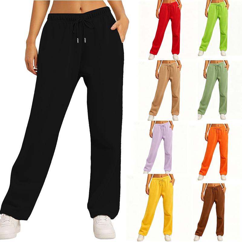Women's Mid Waist Straight Sweatpants Loose Fit Drawstring Casual Wide Leg Trousers With Side Pockets