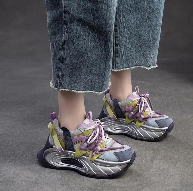 Fashion 6CM Spring Air Mesh Leather Pigskin Women Ankle Boots Flats Booties Mixed Color Fashion Chunky Sneaker Comfy Fall Summer Shoes