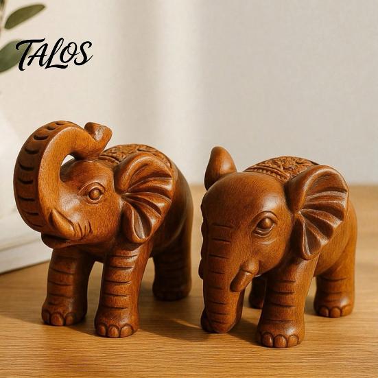 Compact Shelf Statue Elephant Figurine Ornament, Resin Wood Grain Statue, Auspicious Traditional Chinese Craft Animal Sculpture for Home Office Living