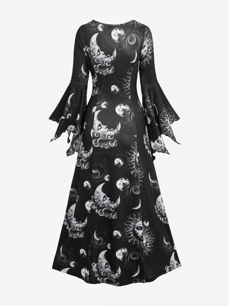 Rosegal Damen Gothic Maxikleid Himmlischer Sonne-Mond-Print Glockenärmel V-Ausschnitt Hohe Elastizität A-Linien-Kleid