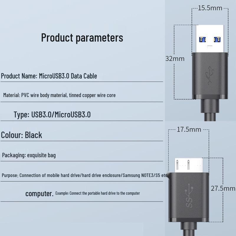 USB 3.0 Male to Micro USB 3.0 Data Cable for Mobile Phones and Hard Drives
