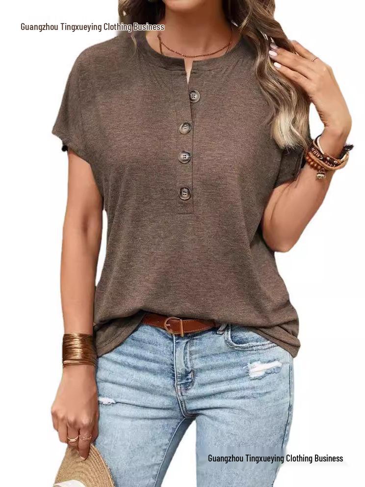 Women's European & American Style Solid Color Button Fashion Short Sleeve T-shirt for Spring/Summer