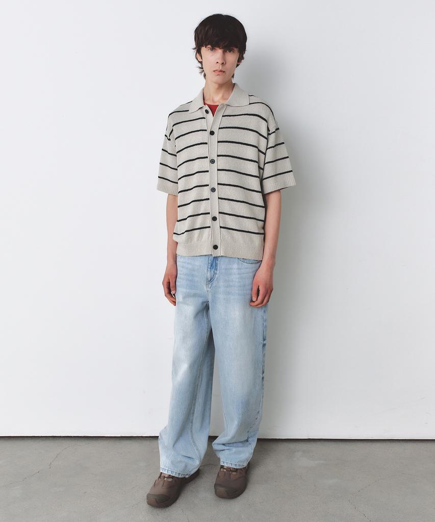 Insilence Striped Boucle Polo Cardigan Light Beige