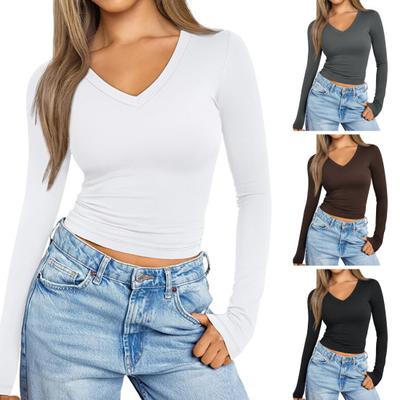 Women Bottoming Shirt Cotton Long Sleeve V-Neck Slim Fit T-shirt Stretchy Solid Color Thin Top for Daily Wear Dating Work