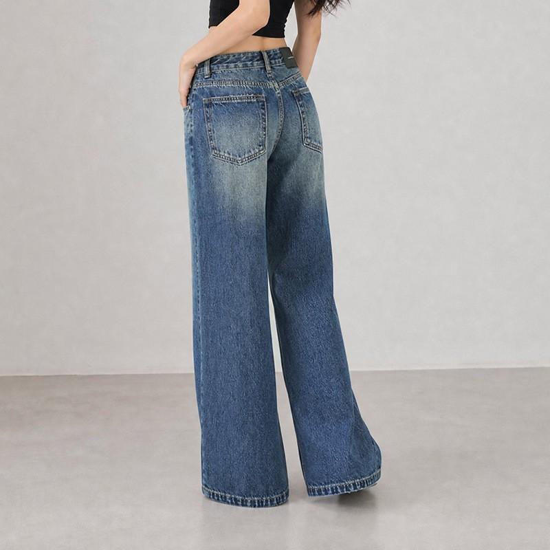 Womens High-Waisted Wide-Leg Denim Pants 2026 Washed Straight Cut Casual Trousers