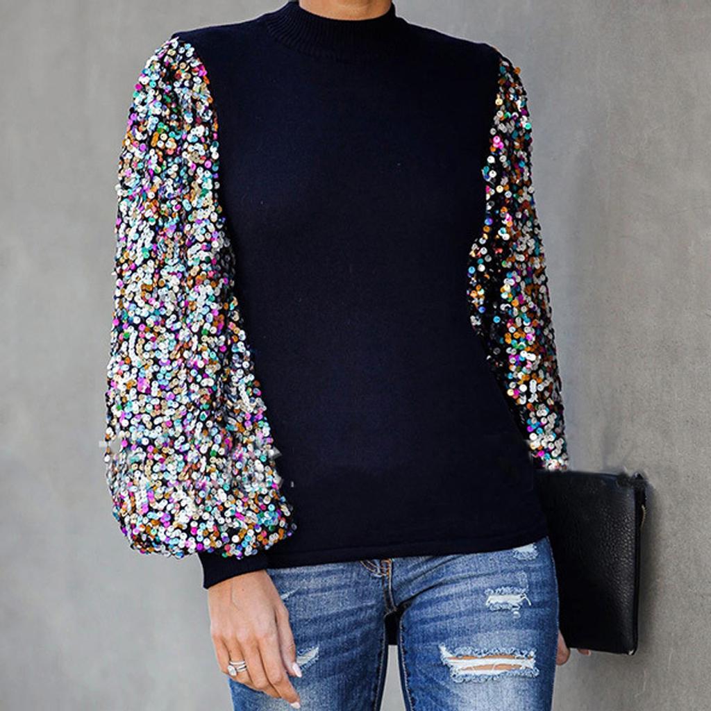 Damen Halbhoher Kragen Pailletten Paillettennaht Ärmel Langarm Oberteil