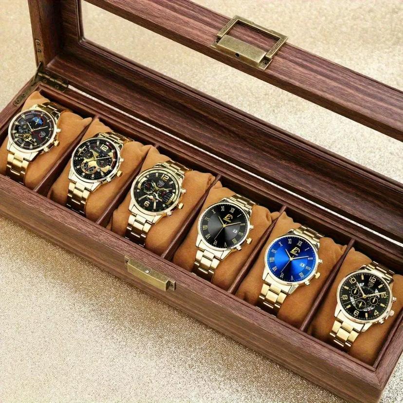 

6-Piece Men S Luxury Quartz Watch - Stainless Steel & Analog Dial With Date/Day Chronograph