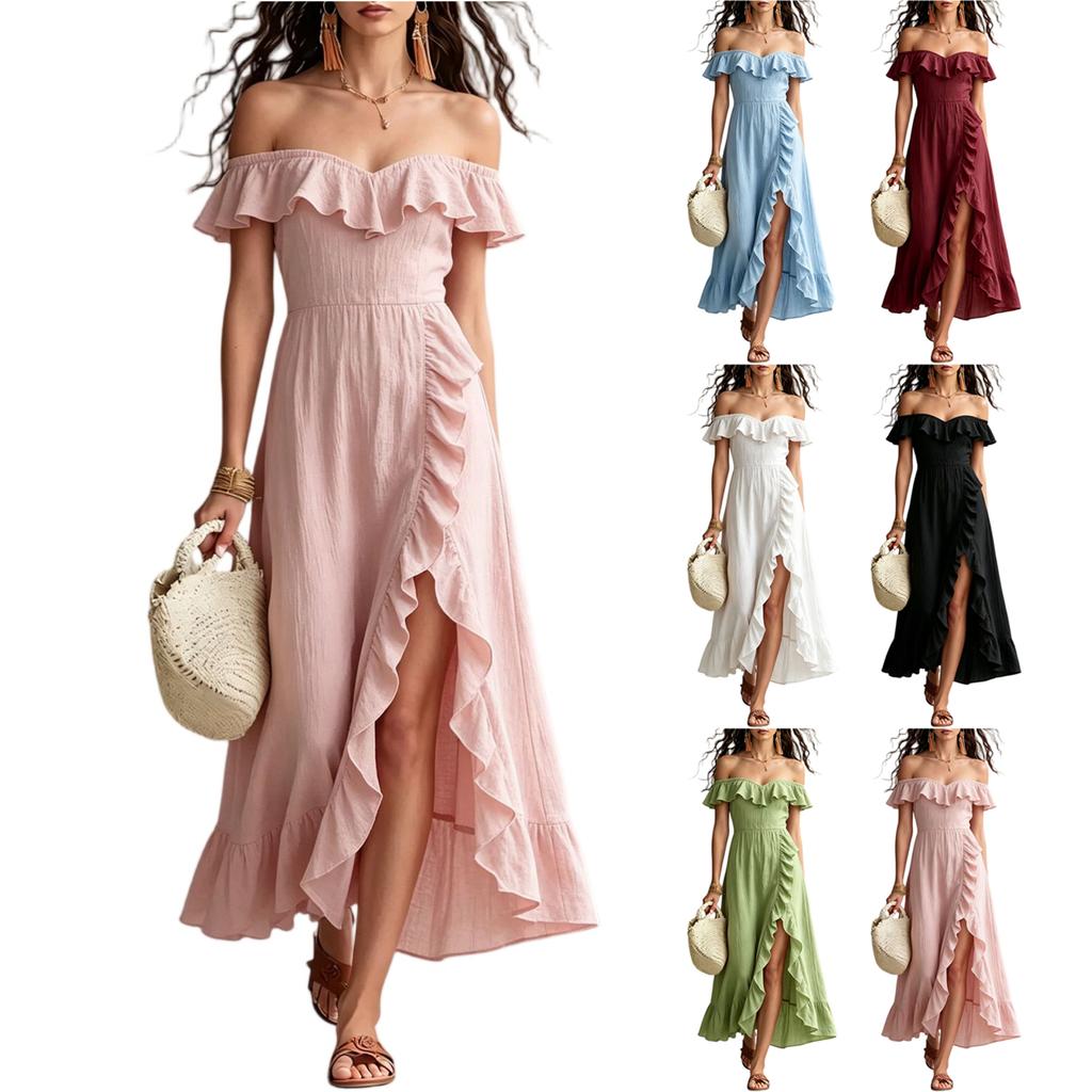 Women's Fashionable Sexy Ruffle Edge French One Shoulder Temperament Vacation Loose Dress