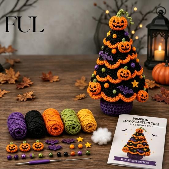 Ghost And Pumpkin Patterns Halloween Tree Crochet Kit, DIY Black Cat Witch Creative Gift for Crafters Hat Crafting Kit Holiday Home Decor, Handmade