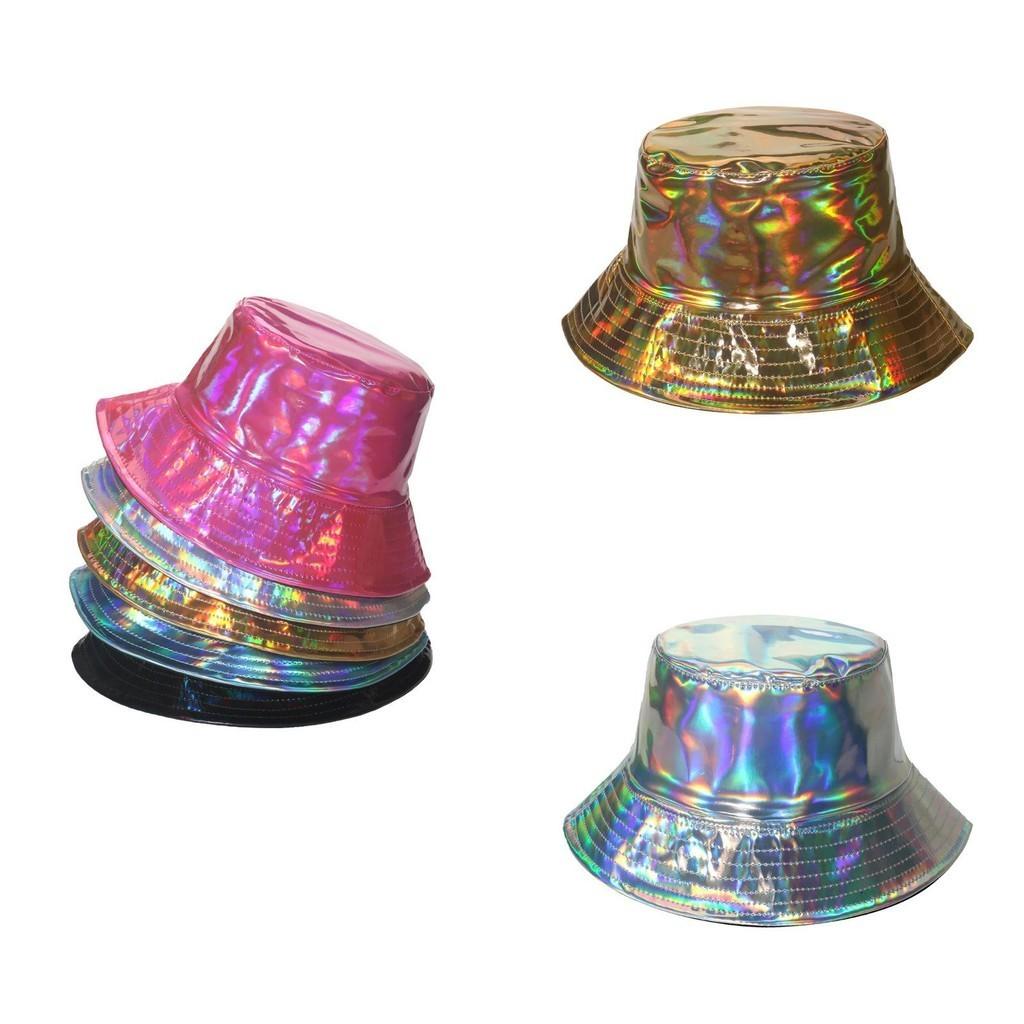 Stilvoller Hip-Hop Street Laser Metall PU Fischerhut für Männer Frauen Bühnenauftritt