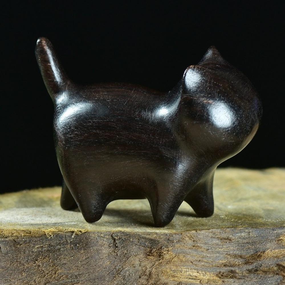 

Natural Texture Cat Ornament Handmade Lucky Cat Ornament Wooden Cat Figurine Home Decoration Black No Bell