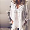 Women Half Sleeve Cotton Linen Hollow Out  Lace Patchwork T-Shirt Blouse Tops