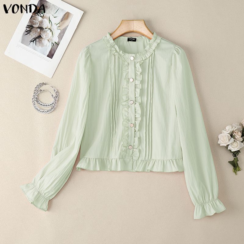 

VONDA Elegant Women Casual Round Neck Ruffled Casual Long Sleeve Blouse 5XL зелёный