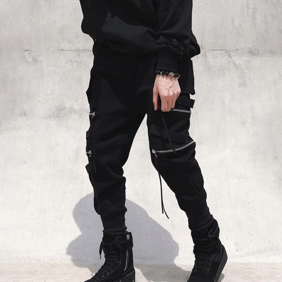 Men Cargo Pants Strap Zipper Decor Loose Ankle-banded Mid-rise Solid Color Multi Hip Hop Streetwear Outdoor Travel Sport Trousers