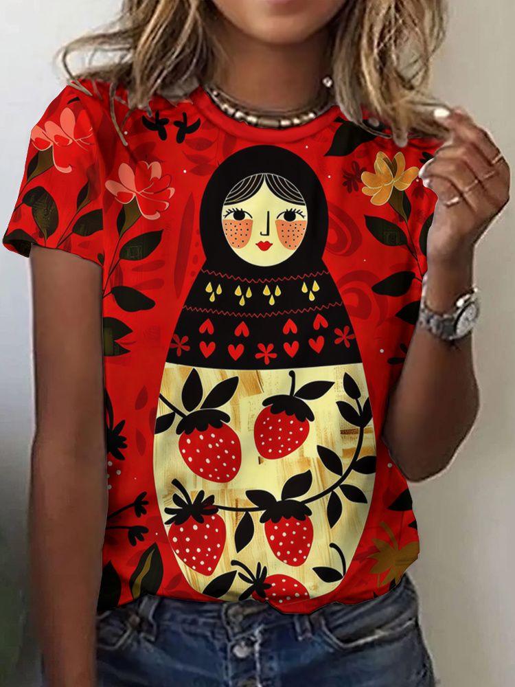 Matryoshka doll 3D print women's round neck short-sleeved T-shirt, Harajuku style top, women's clothing