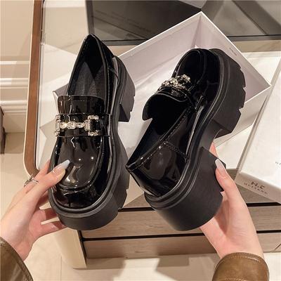 Mocassins à plateforme femme 2025 automne nouveau polyvalent rétro français à talons hauts strass noir style britannique petites chaussures en cuir
