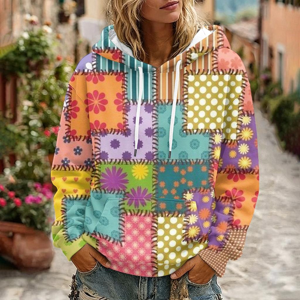 Damen Retro Print Kapuzenpullover mit langen Ärmeln, Taschen und lässiger Passform