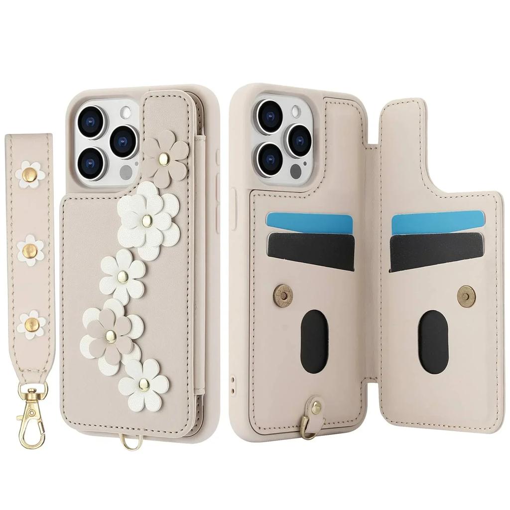 Wallet Case for iPhone 16 15 14 Pro Max Plus, Card Holder Crossbody Purse, Cute Flower Design, Magnetic Kickstand Phone Cover