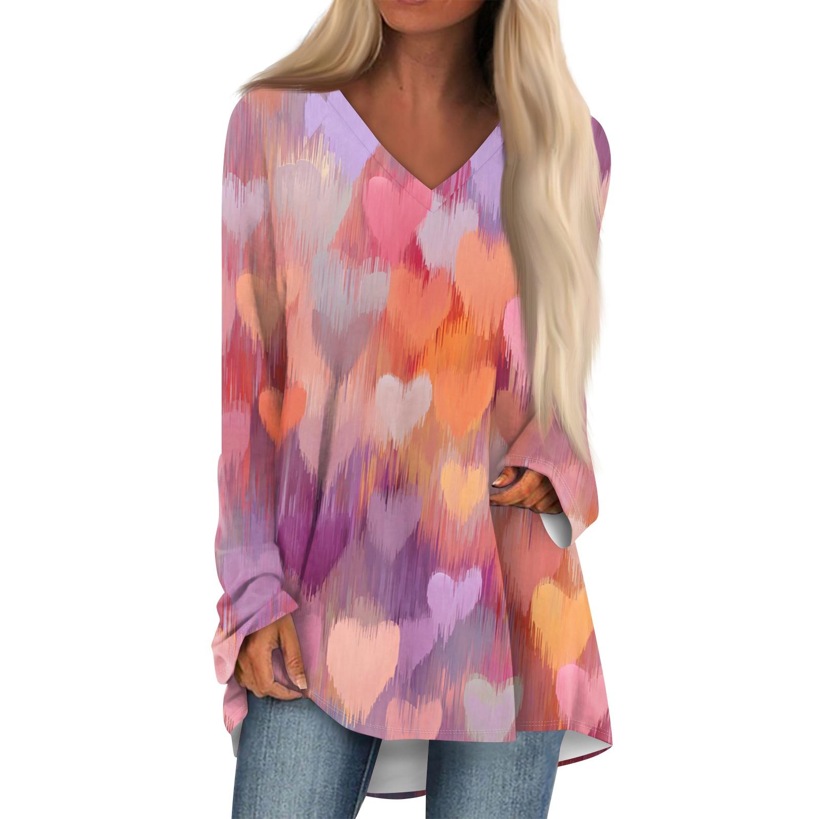 

Women s Fashionable Casual Long-Sleeved Valentine s Day Print V-Neck Mid-Length Top XXL