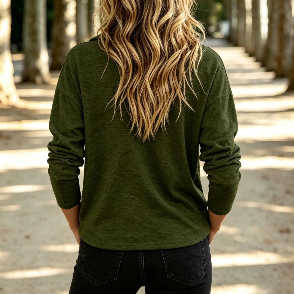 Women's Casual V-Neck Long Sleeve T-Shirt with Zipper Pockets