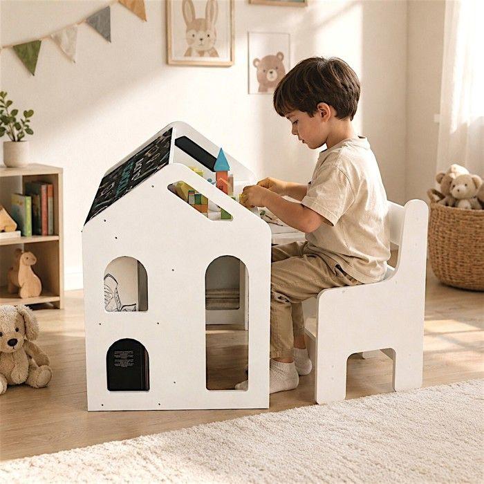 GINGER HOME Children's Desk House with Chair, Shelf and Blackboard, White Solid Wood and MDF Montessori Table, 55x51x69 Cm