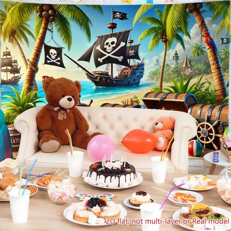 Vinyl Pirate Beach Backdrop - Pirate Ship, Parrot & Treasure Chest Photography Background