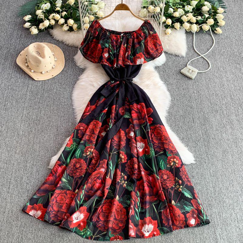 

Super Nice Unique Beautiful Print Frill off-Shoulder Dress Women Summer Vacation Waist Hugging Slimming Big Hemline Long dress Red XL