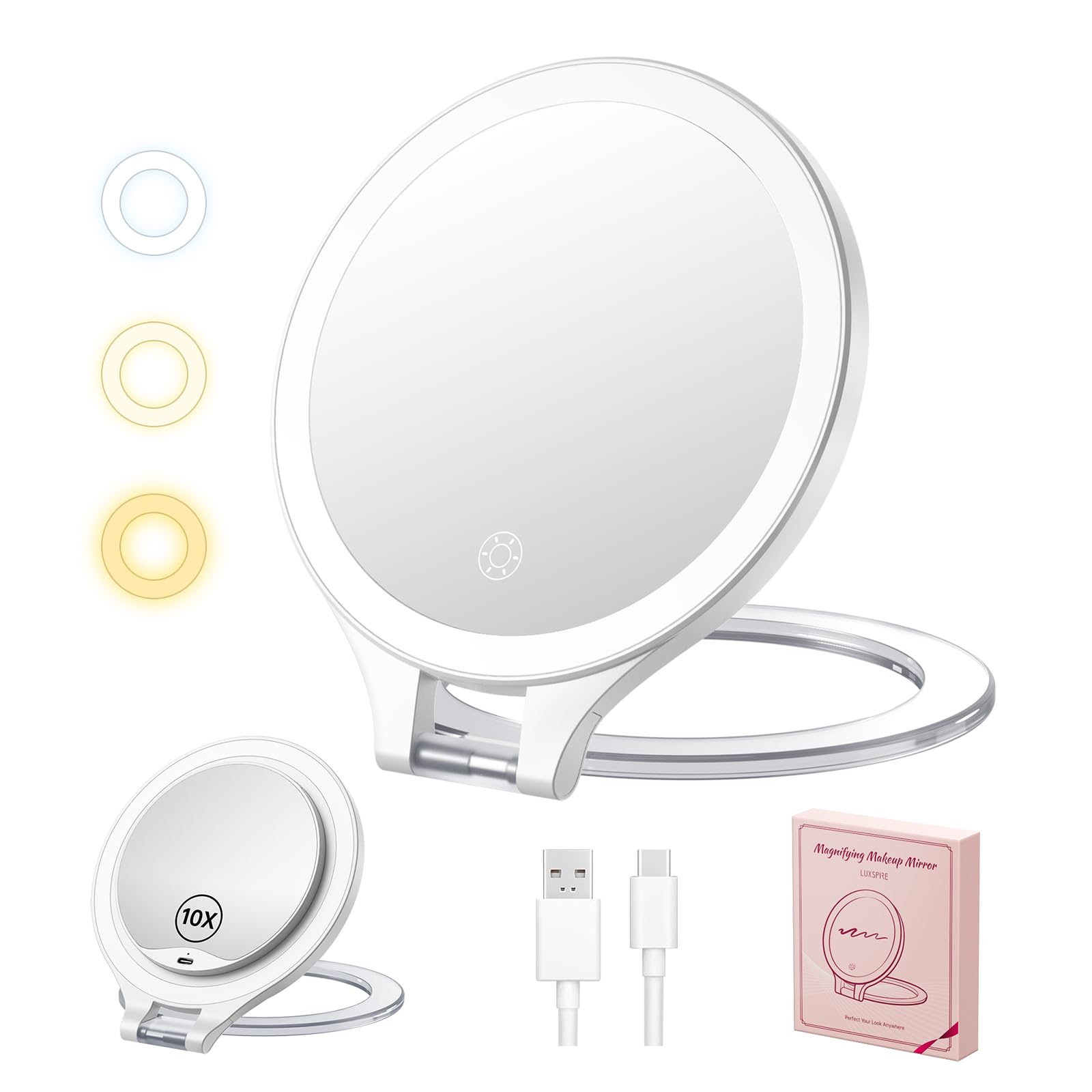 

Зеркало со светодиодной подсветкой Luxspire LED Light Mirror Зеркало для макияжа Ручное зеркало Тип зеркала Актрисы Складное настольное настенное голливудское зеркало для макияжа белый