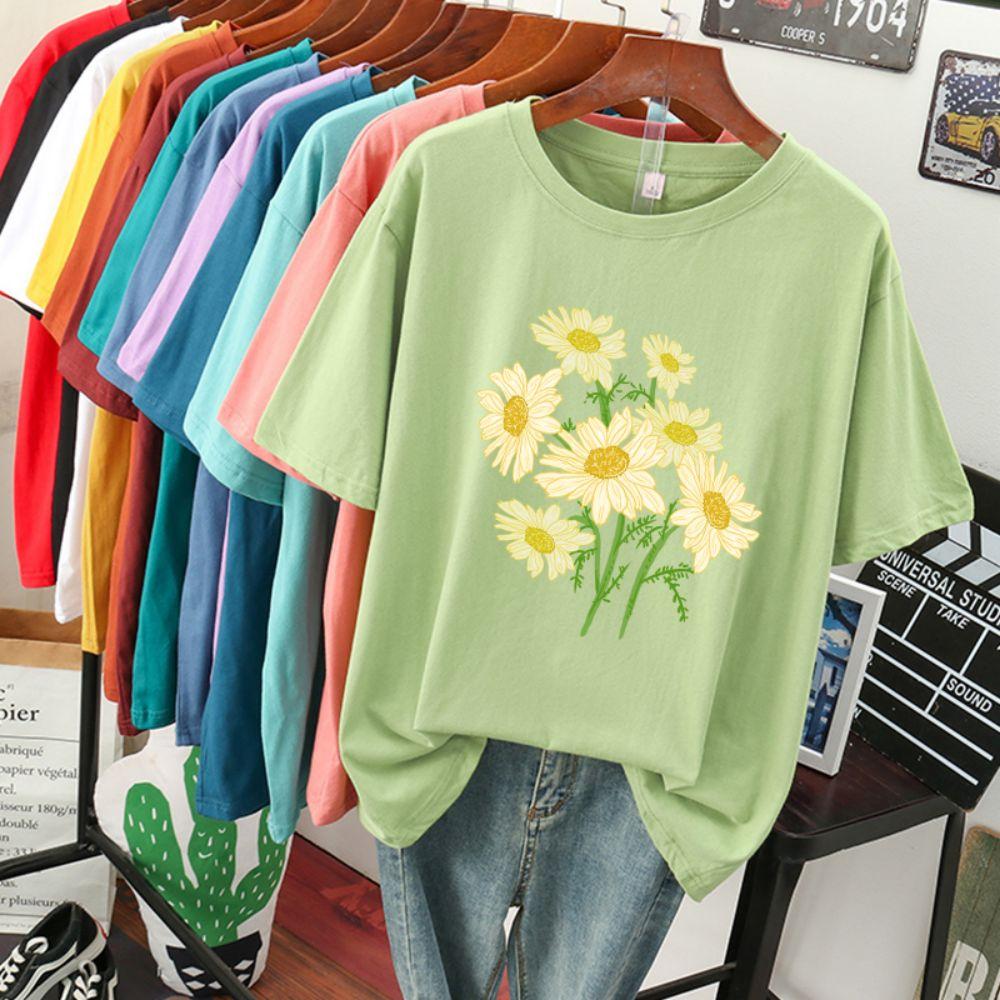 Street Baumwolle Damen T-Shirts Frisch Harajuku Gelbe Chrysanthemenblumen Drucke Oberteile Locker Rundhals Weiche T-Shirts Damenbekleidung
