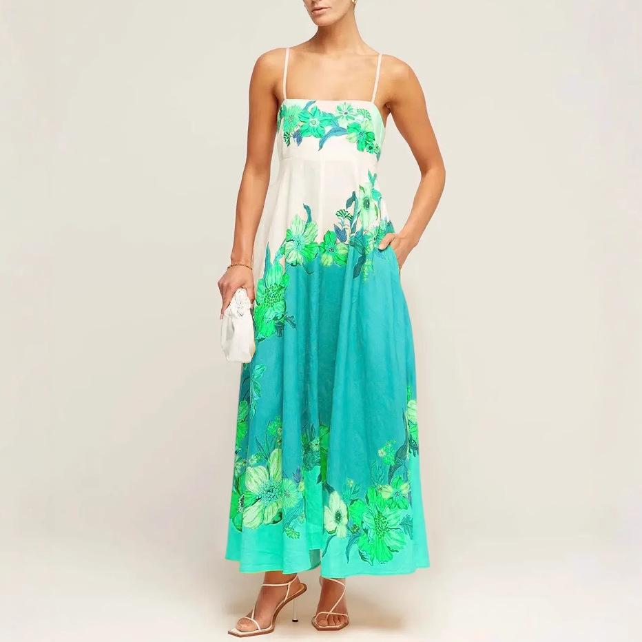 2024 Summer European & American Style Sling Elegant High-Waist Print Casual Dress