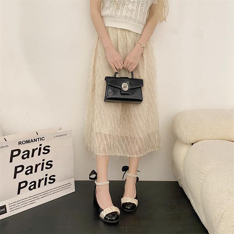 

Туфлі Мері Джейн 2024 нові перлові стрічки бантики високі підбори жіночі голова товстий каблук легкий рот універсальні одинарні туфлі 40