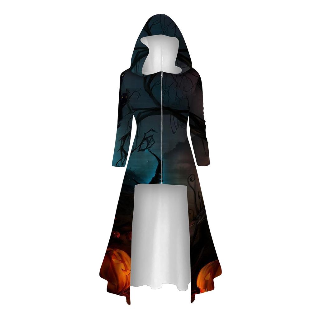 Mode Damen Tops Halloween Langarm Lange Kapuze Vintage Reißverschluss Cape Lose Kleider