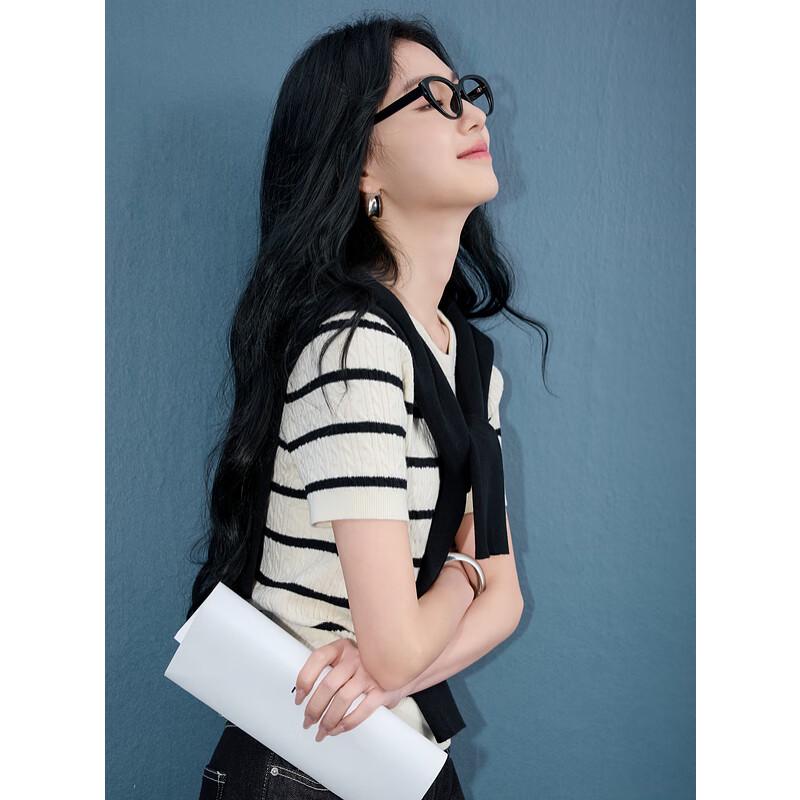 Sancai 2025 Autumn Striped Cable Knit Short Sleeve Pullover