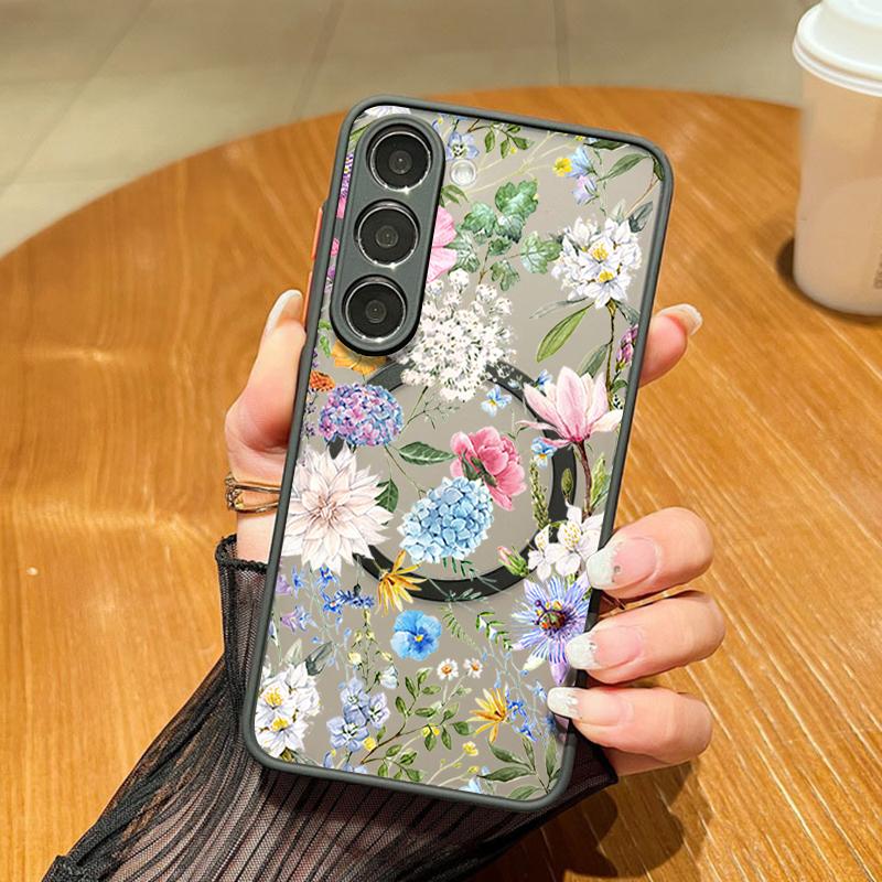 Magnetic For Magsafe Case For Samsung Galaxy S26 Ultra S25 S24 Plus S23 S22 S21 FE Vintage Floral Pattern Matte Cover