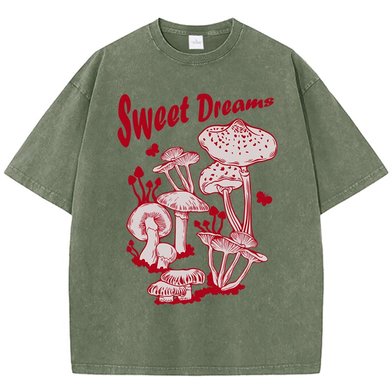 Sweet Dreams Mushroom Design Washed T-Shirt Women Summer T Shirts Cotton Top Multicolor Oversized Clothes
