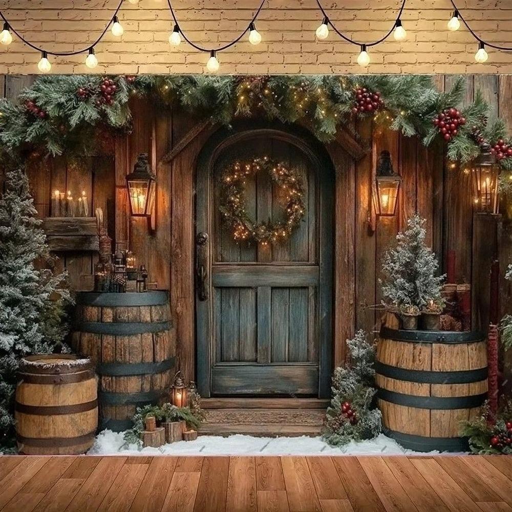 Winter Christmas countryside farm arch photography background Christmas tree family portrait decoration background photography