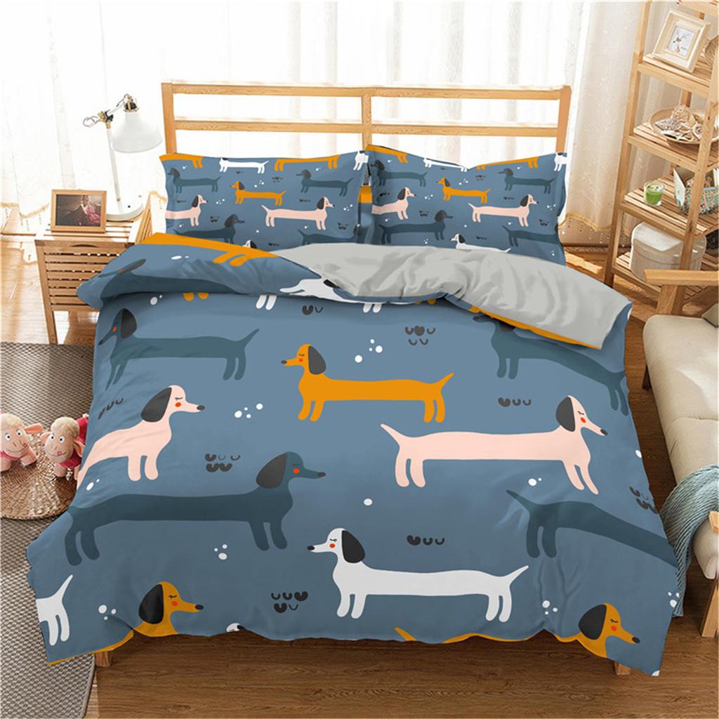 Sausage Dog Print Duvet Cover Set Queen King Full Size Cartoon Dachshund Puppy Bedding Set for Boy Kid Polyester Comforter Cover