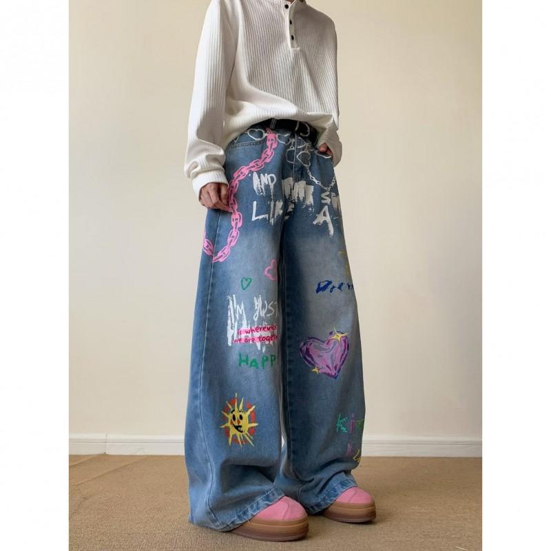 Pantalon en jean taille haute large pour femme avec imprimé graffiti coupe ample pantalon court décontracté streetwear