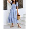 Plus Size  Summer Country Style Gingham V-Neck Puff Sleeve High Waist Tiered Cake Dress Casual Summer Dress