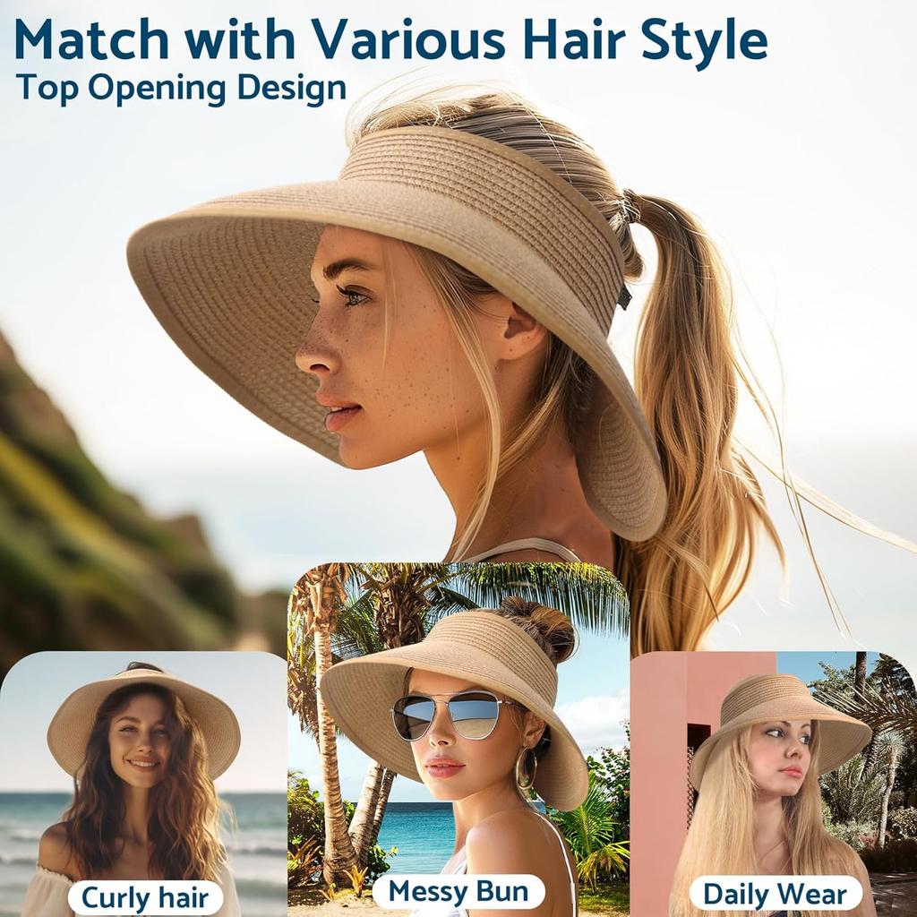 Women'S Sun Hats with Wide Brim, Roll-Up Design for Beach, Ponytail-Friendly, Packable And Foldable Straw Visor for Travel