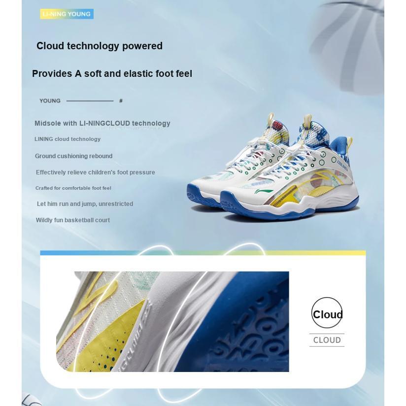 Li-Ning Cloud Anti-Slip Anti-Kick Shock Absorbing Durable Breathable Support Balance Lightweight Rebound Low-Top Kids Basketball Shoes YKBS018-9