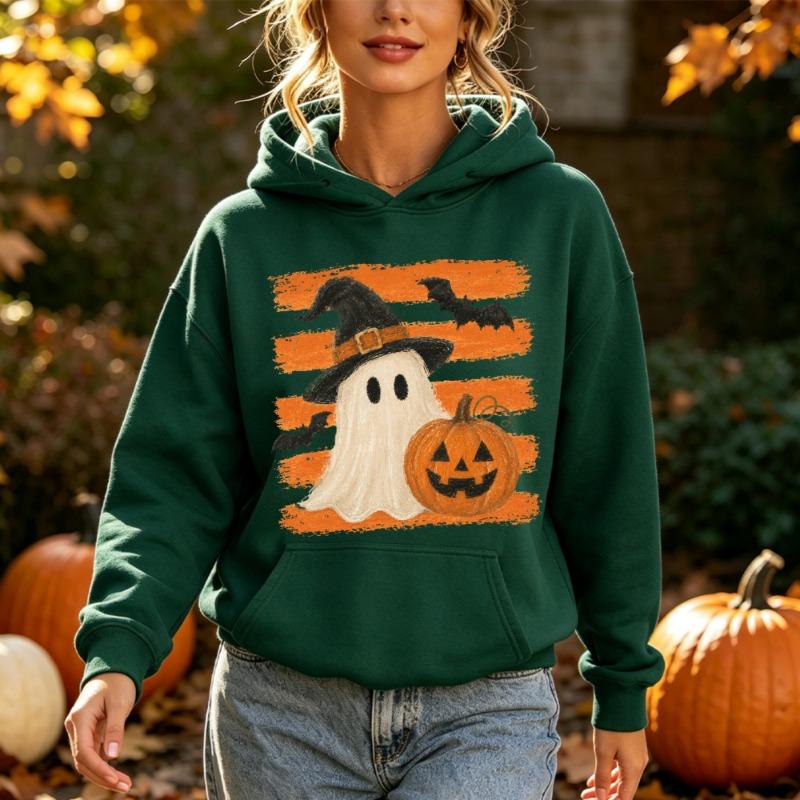 Cute Ghost Witch Hat Pumpkin Bat Hooded Top Women Spooky Season Preppy Style Autumn Pullover for Halloween Night Event Clothing