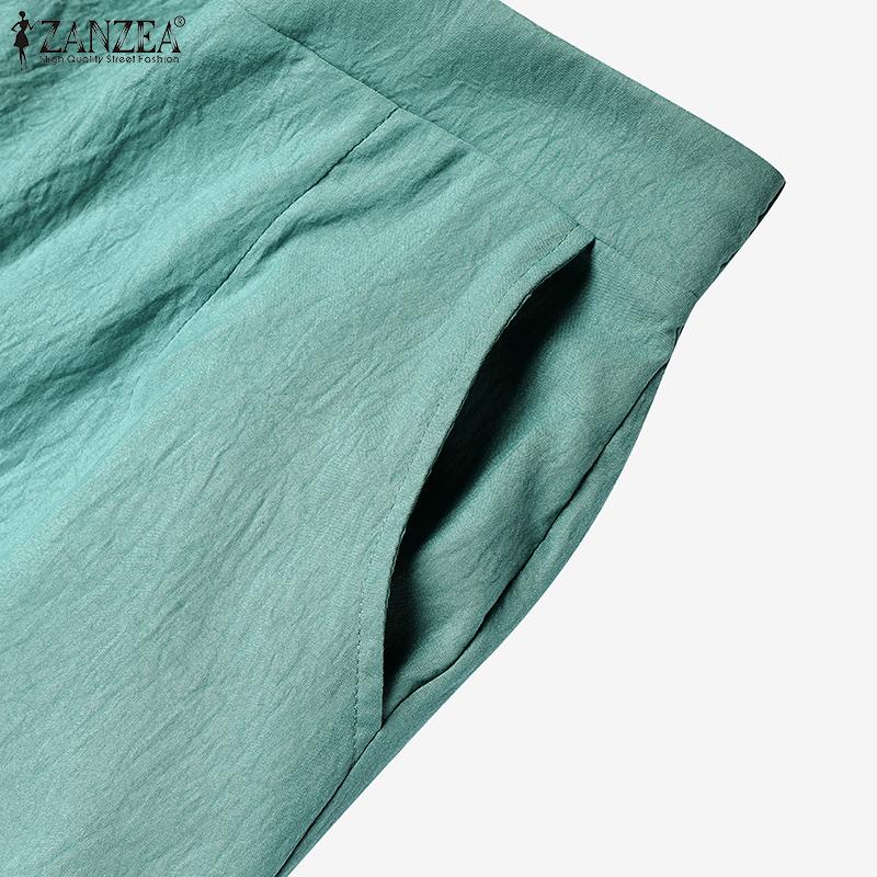 ZANZEA Damen Lässig Elastischer Bund Locker Sommer Weitbein Cropped Hose