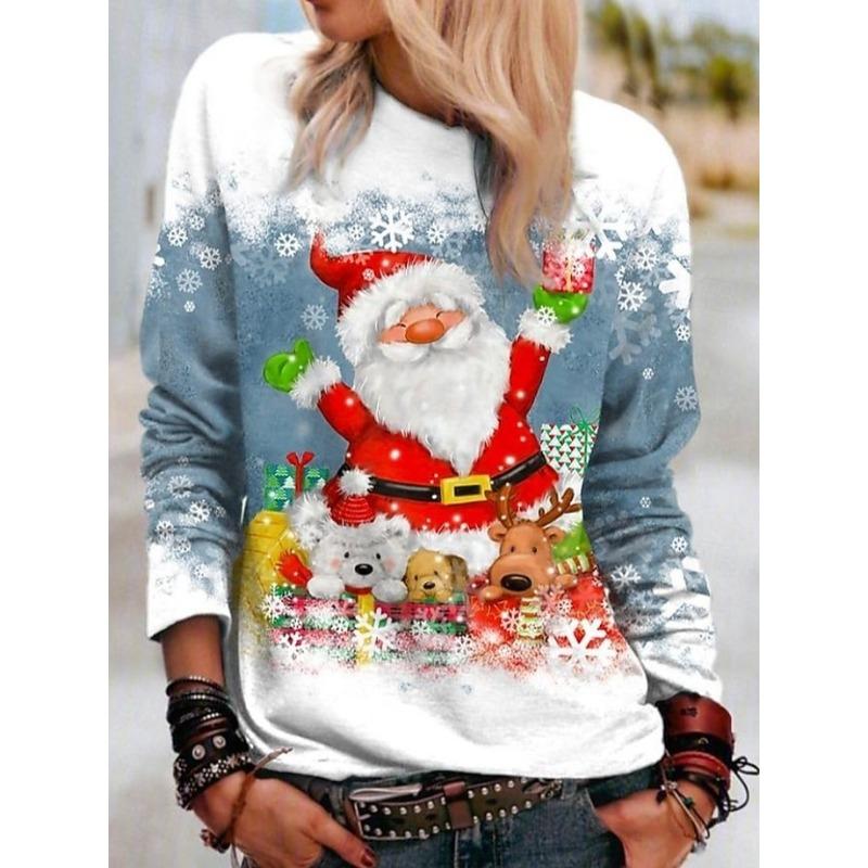 Tricou de damă cu gât rotund și mâneci lungi, cu imprimeu Moș Crăciun, top casual la modă, ținută pentru ziua de Crăciun, îmbrăcăminte tip pulover