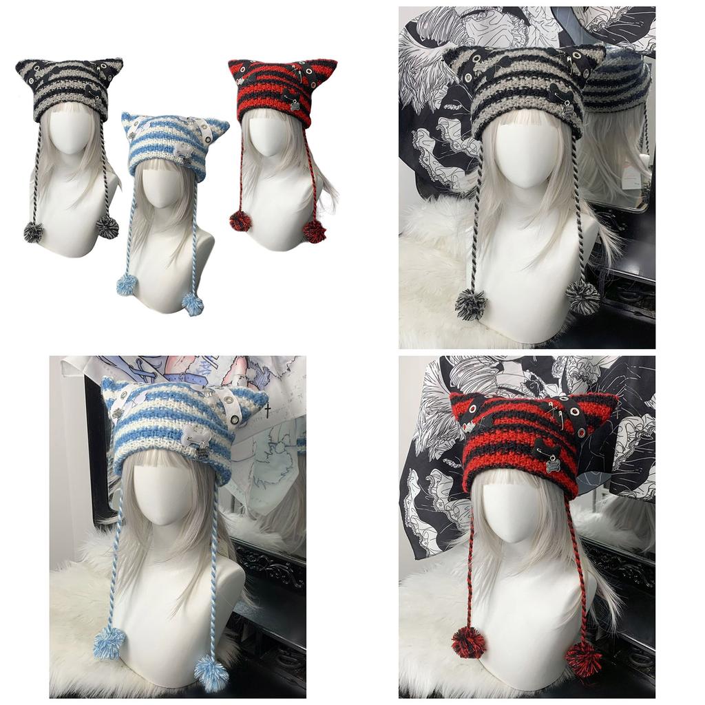 Striped Beanie Girl Y2K Punk Bone Party Hat Knitted Hat Streetwear Thicken Beanie Cat Ear Hat Harajuku Photo Props