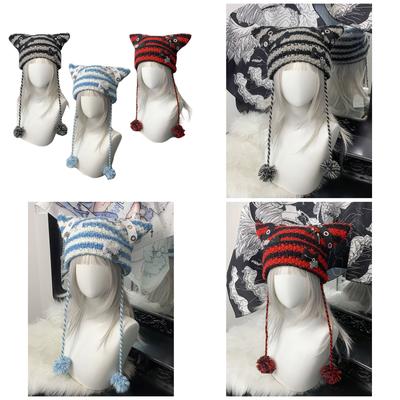 Cat Ear Striped Hat Subculture Streetwear Knitted 2000s Girls Winter Crocheted Hats Cool Photo Props Y2K GIRL